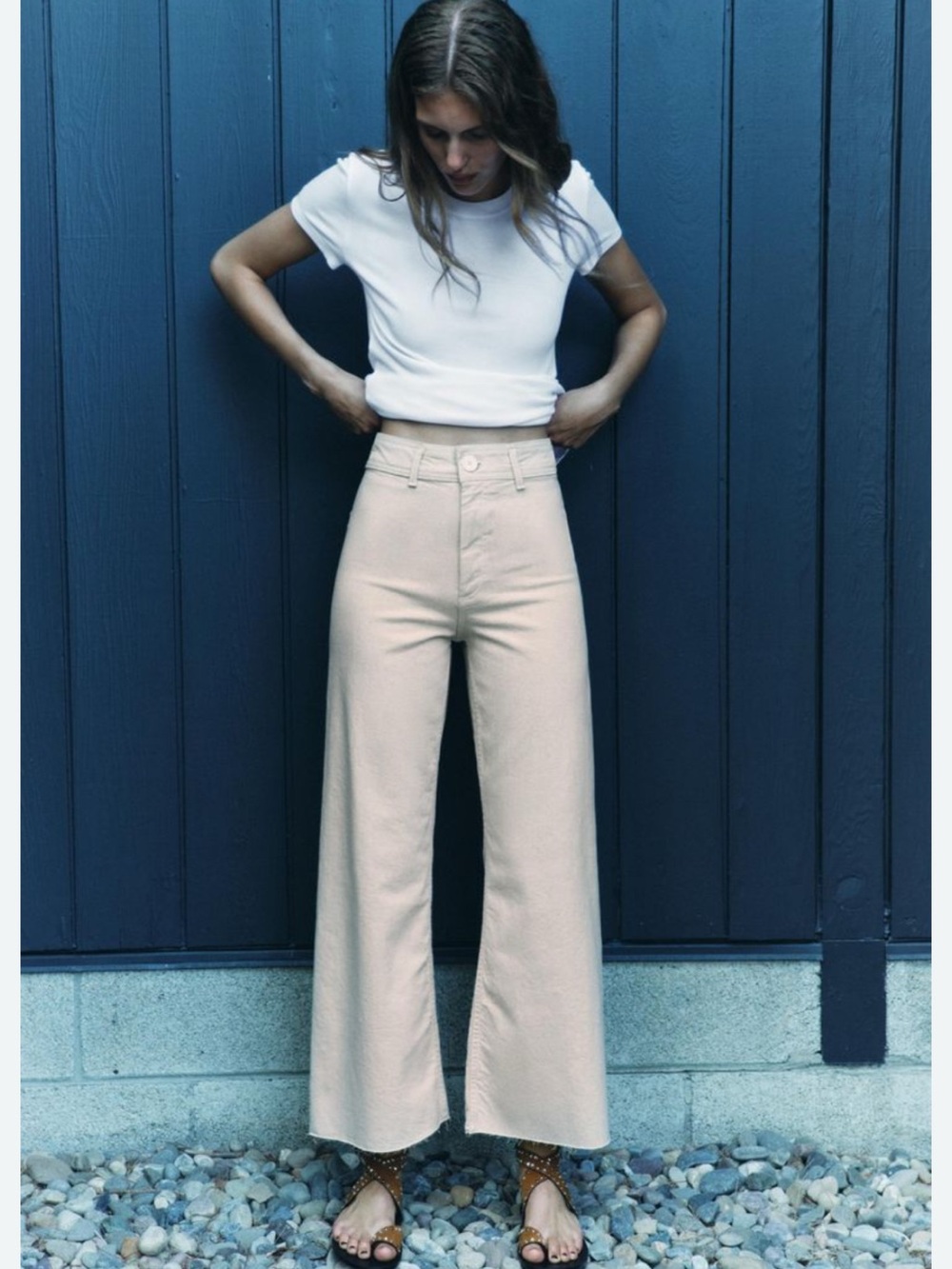 ZARA JEANS | Cream Frayed Hem Wide Leg Jeans